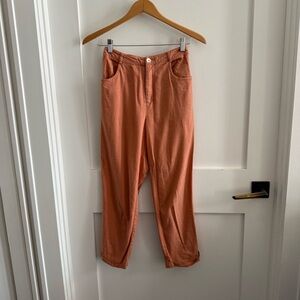 Terracotta Orange tapered leg high waist linen Pants w/ shell button and pockets